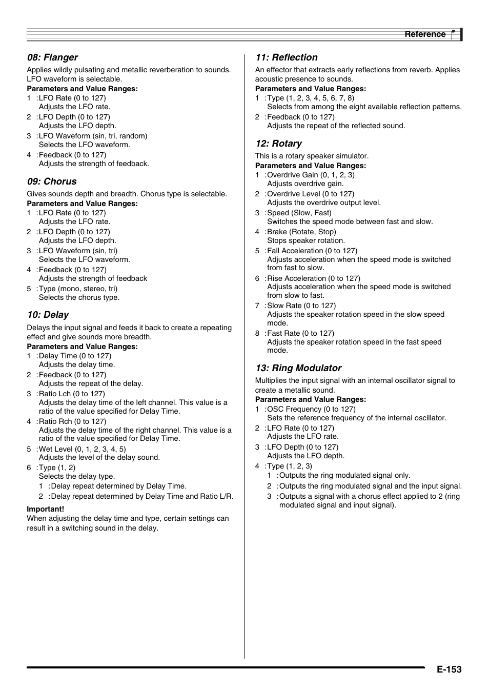 Chorus, Delay, Reflection | Rotary, Ring modulator | Casio AT-5 User Manual | Page 155 / 163
