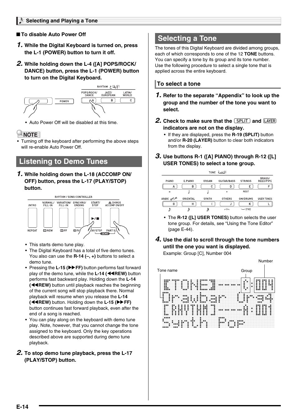 Listening to demo tunes selecting a tone | Casio AT-5 User Manual | Page 16 / 163