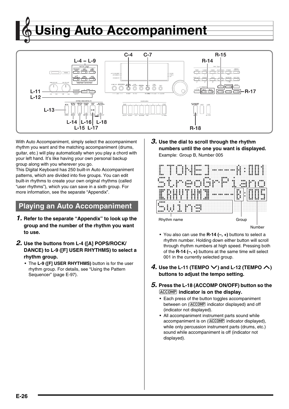 Using auto accompaniment, Playing an auto accompaniment | Casio AT-5 User Manual | Page 28 / 163
