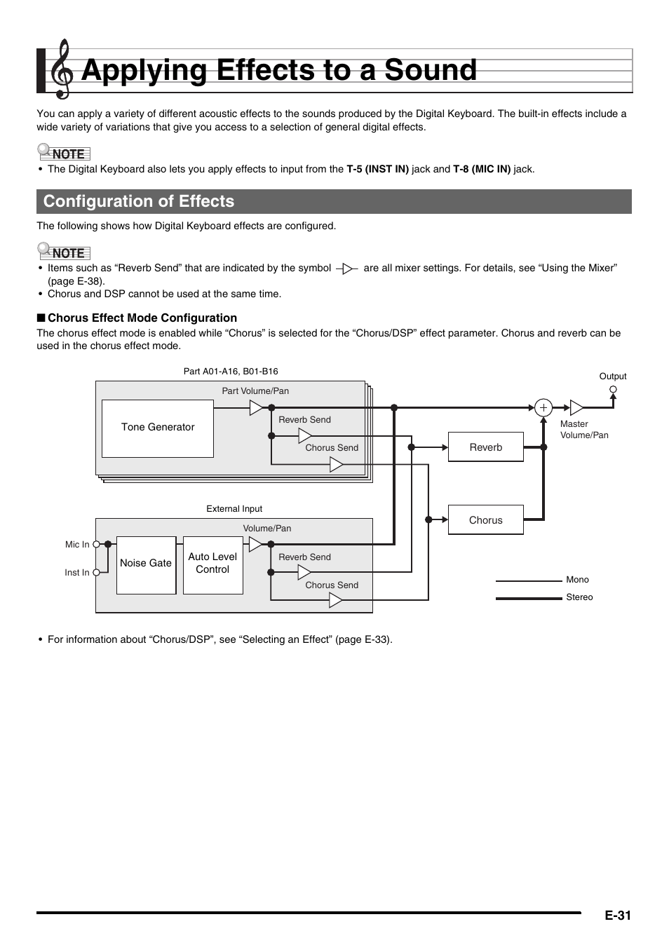 Applying effects to a sound, Configuration of effects, E-31 | Casio AT-5 User Manual | Page 33 / 163