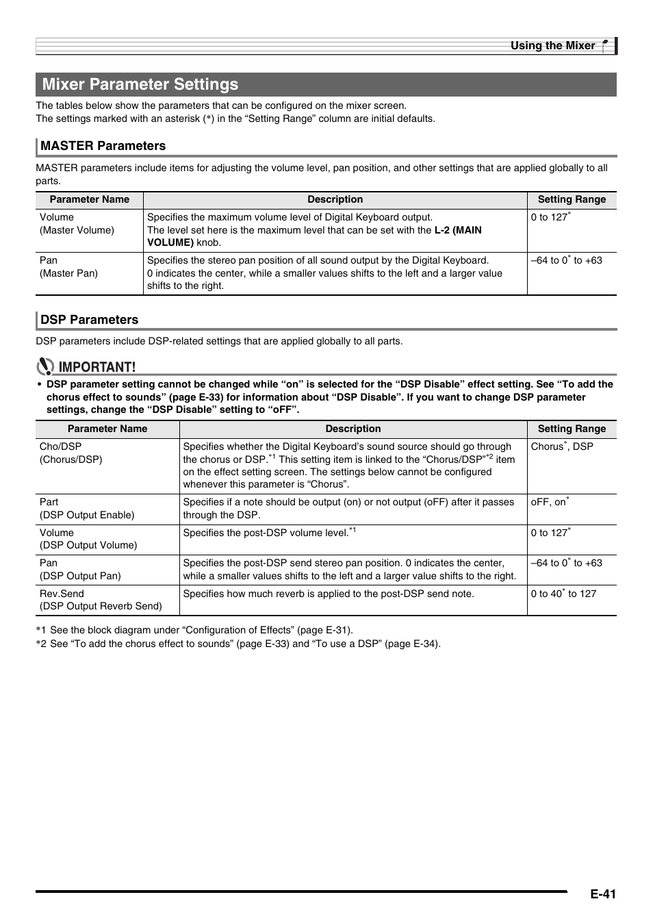 Mixer parameter settings, E-41, Master parameters | Dsp parameters | Casio AT-5 User Manual | Page 43 / 163
