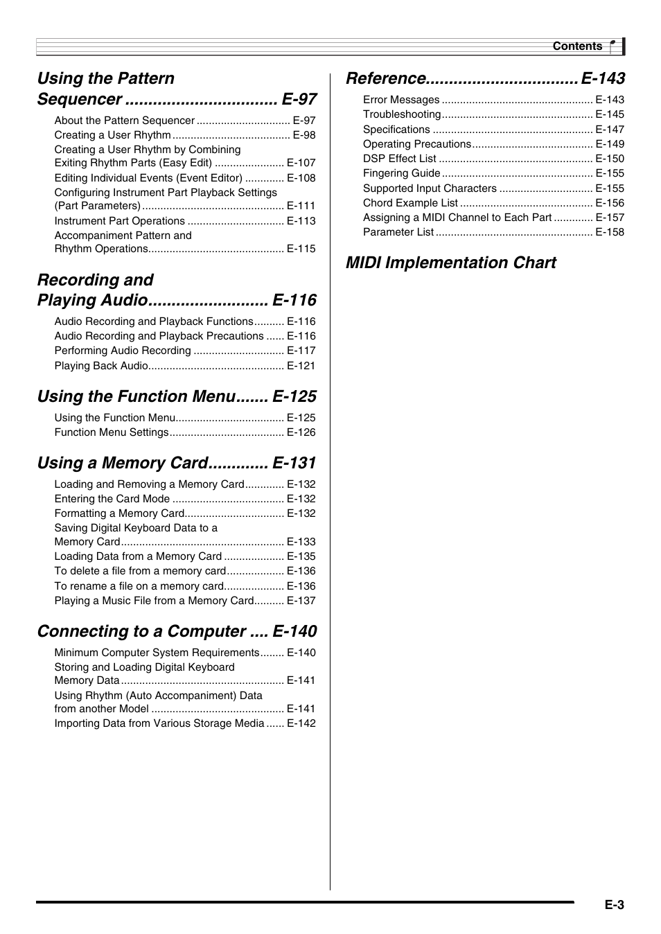 Using the function menu....... e-125, Connecting to a computer .... e-140, Reference................................. e-143 | Midi implementation chart | Casio AT-5 User Manual | Page 5 / 163