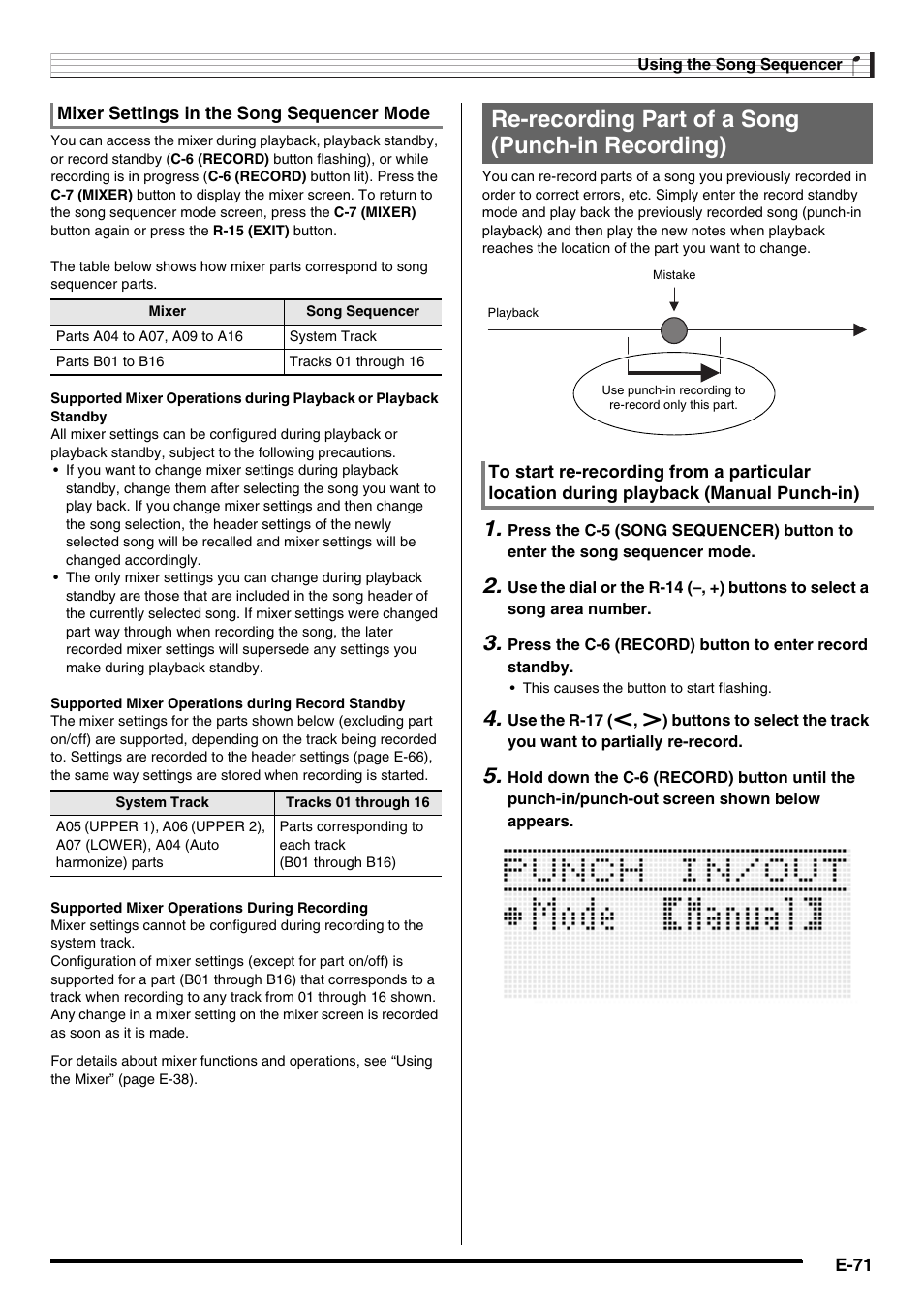 Re-recording part of a song (punch-in recording) | Casio AT-5 User Manual | Page 73 / 163