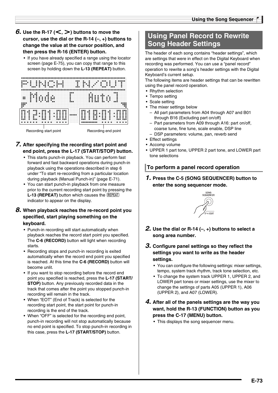 Using panel record to rewrite song header settings | Casio AT-5 User Manual | Page 75 / 163