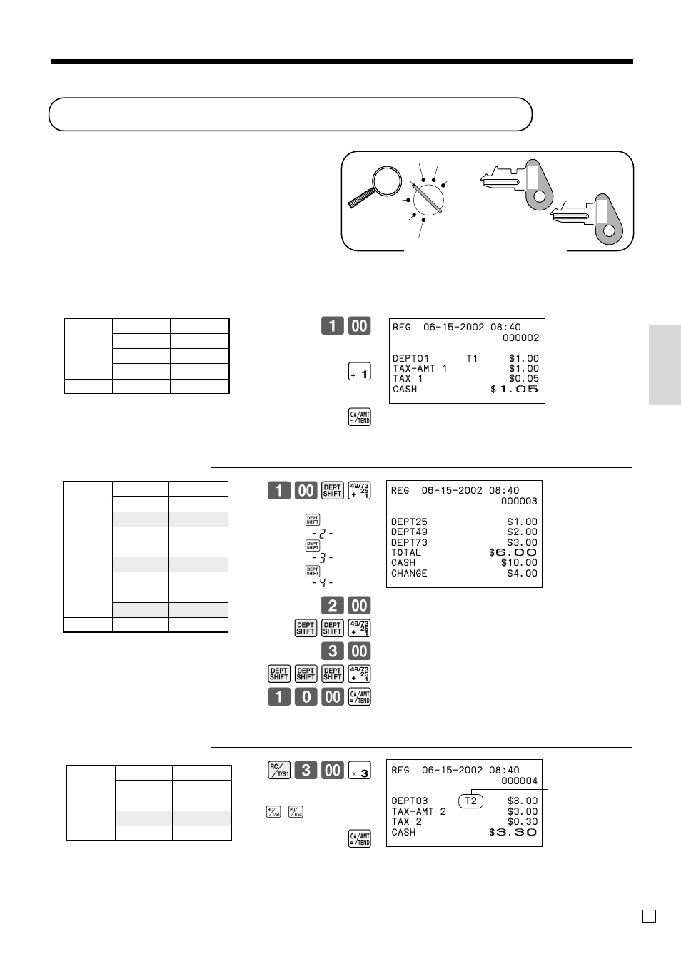 Preparing and using department keys, Basic operations and setups, Registering department keys | D! 2- dd! 3- ddd! 10- a, E3- ( a | Casio CE-T100 User Manual | Page 25 / 92