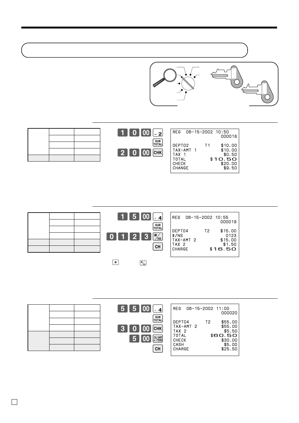 Registering charge and check payments, Basic operations and setups, ' s 20- k | 0123 b h, ) s 30- k 5- a h | Casio CE-T100 User Manual | Page 36 / 92