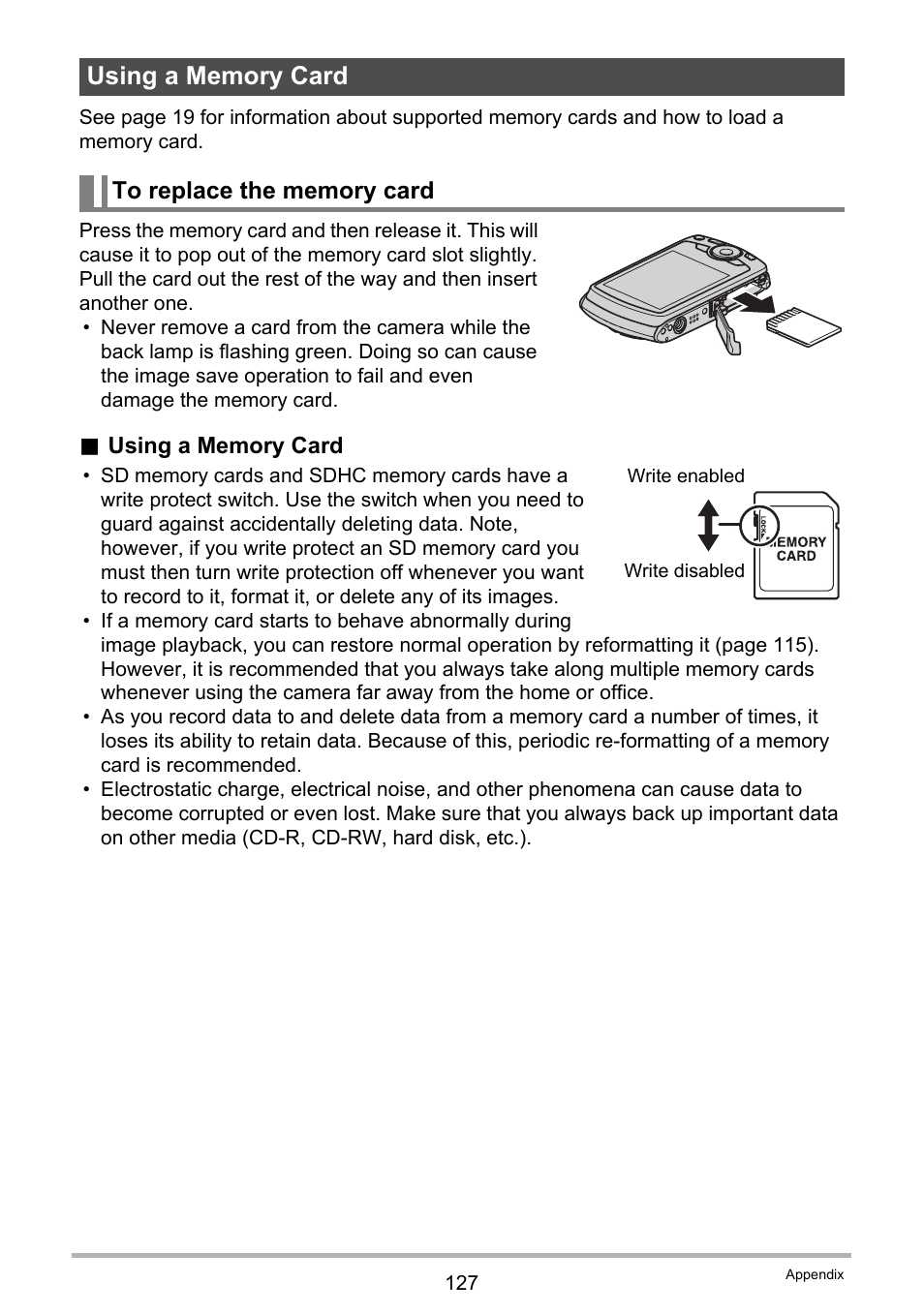 Using a memory card, To replace the memory card | Casio EXILIM EX-Z370 User Manual | Page 127 / 145