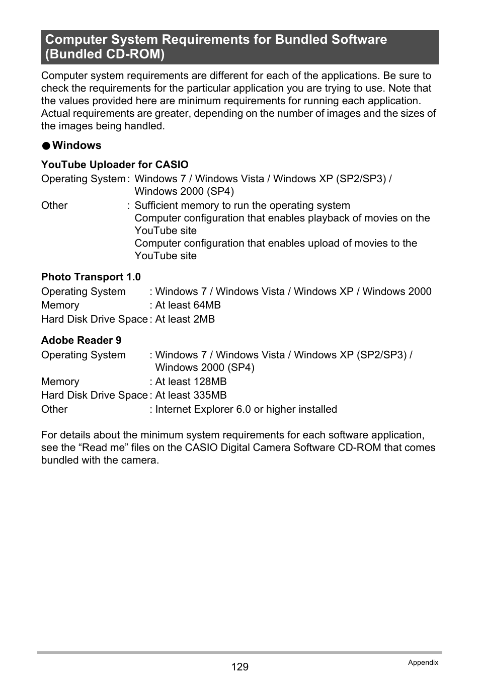 Computer system requirements for bundled software, Bundled cd-rom) . 129 | Casio EXILIM EX-Z370 User Manual | Page 129 / 145