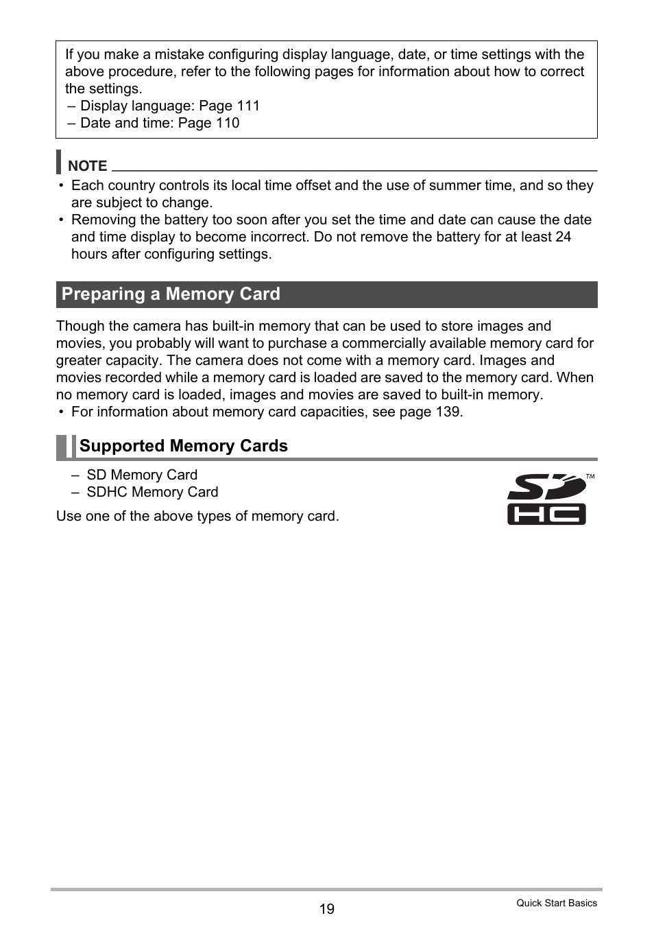 Preparing a memory card, Supported memory cards | Casio EXILIM EX-Z370 User Manual | Page 19 / 145