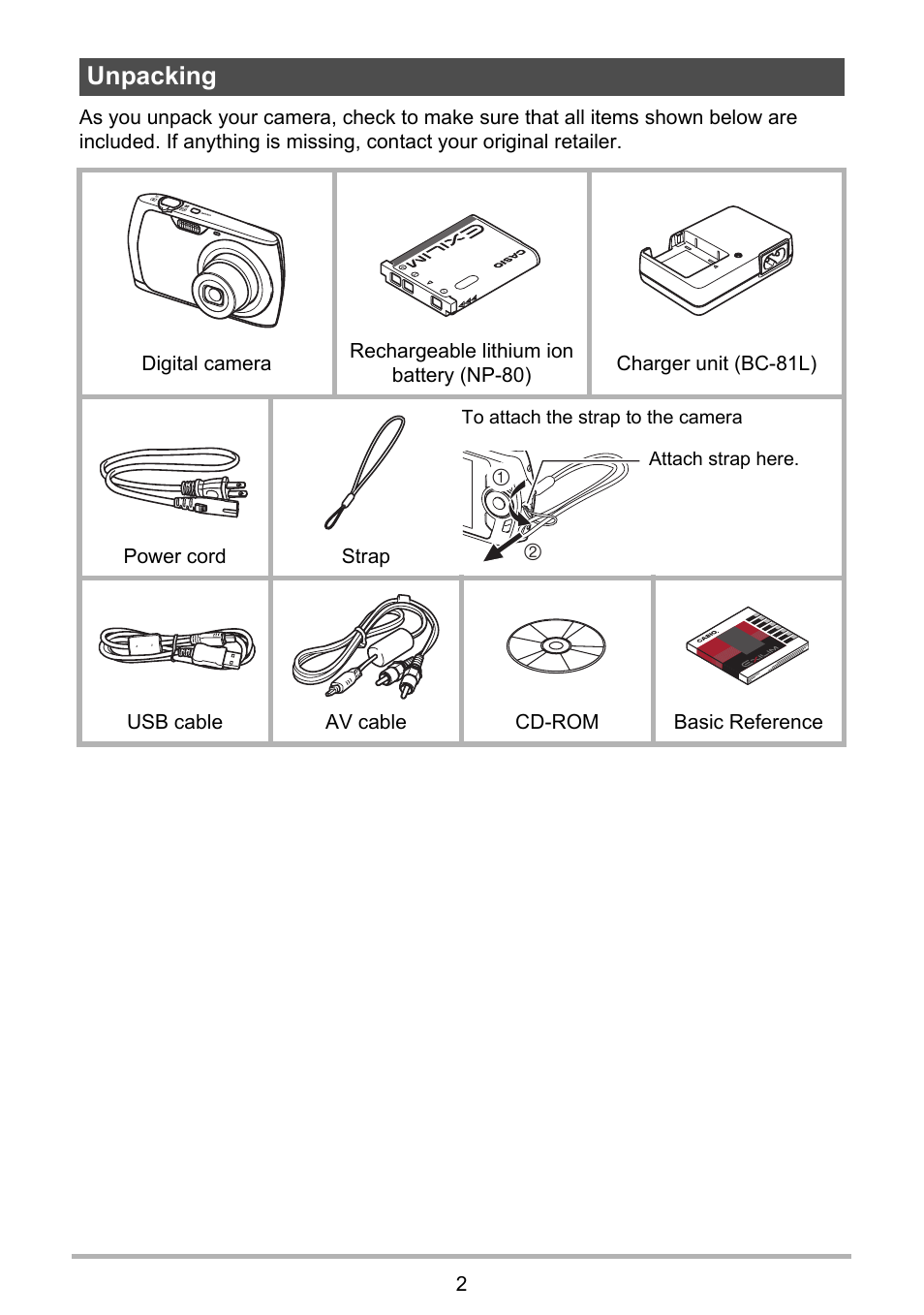 Unpacking | Casio EXILIM EX-Z370 User Manual | Page 2 / 145