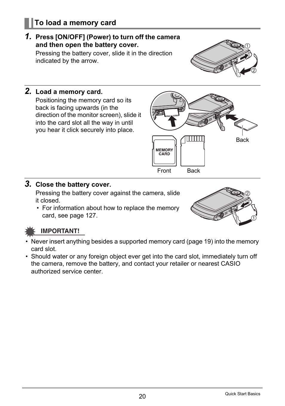 To load a memory card | Casio EXILIM EX-Z370 User Manual | Page 20 / 145