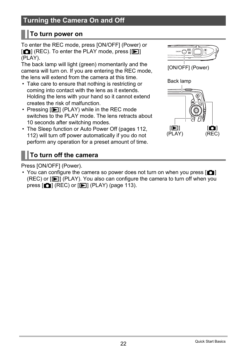 Turning the camera on and off, To turn power on, To turn off the camera | Casio EXILIM EX-Z370 User Manual | Page 22 / 145