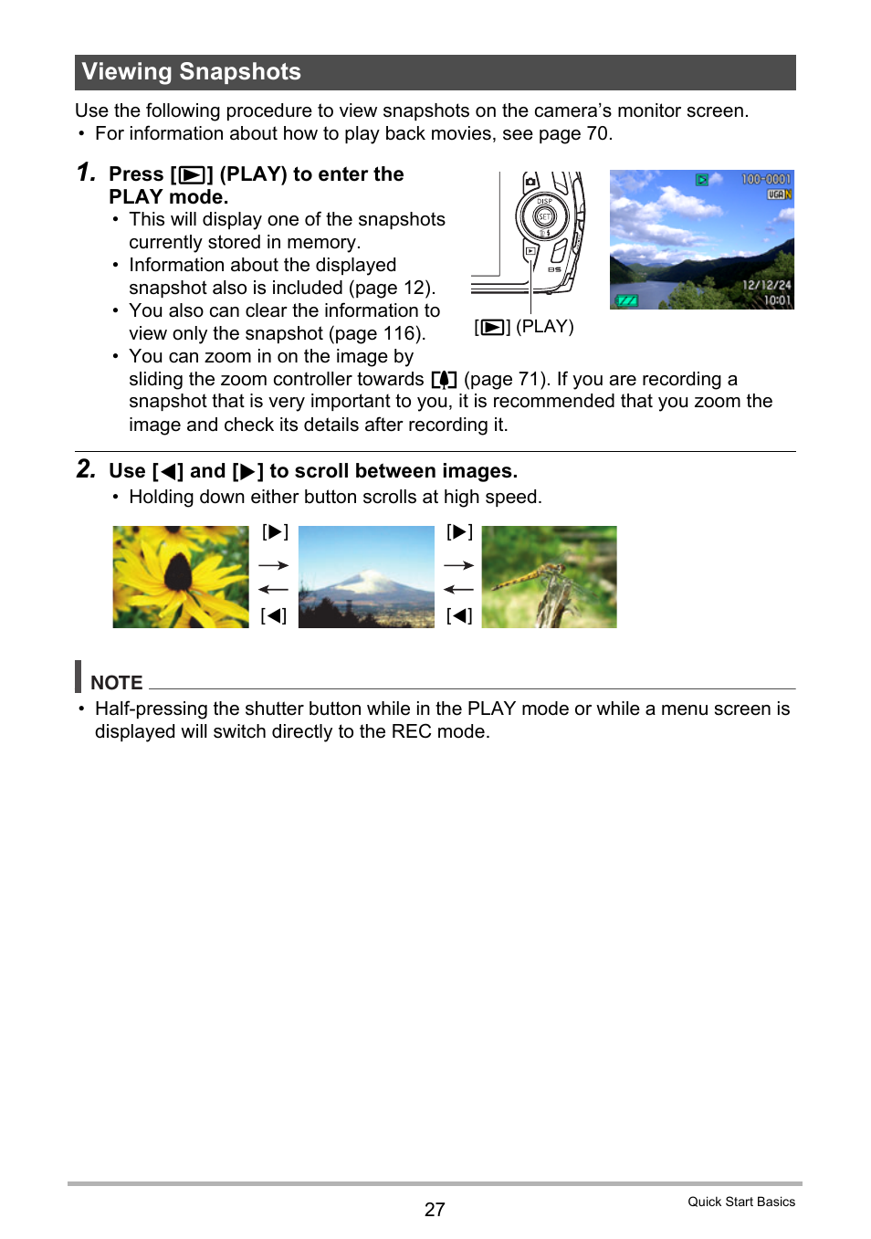 Viewing snapshots | Casio EXILIM EX-Z370 User Manual | Page 27 / 145