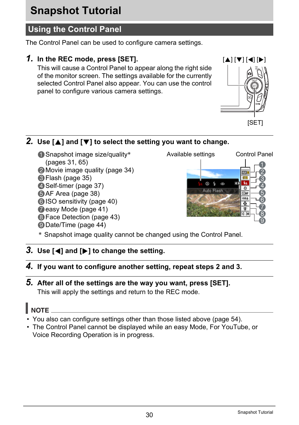 Snapshot tutorial, Using the control panel | Casio EXILIM EX-Z370 User Manual | Page 30 / 145