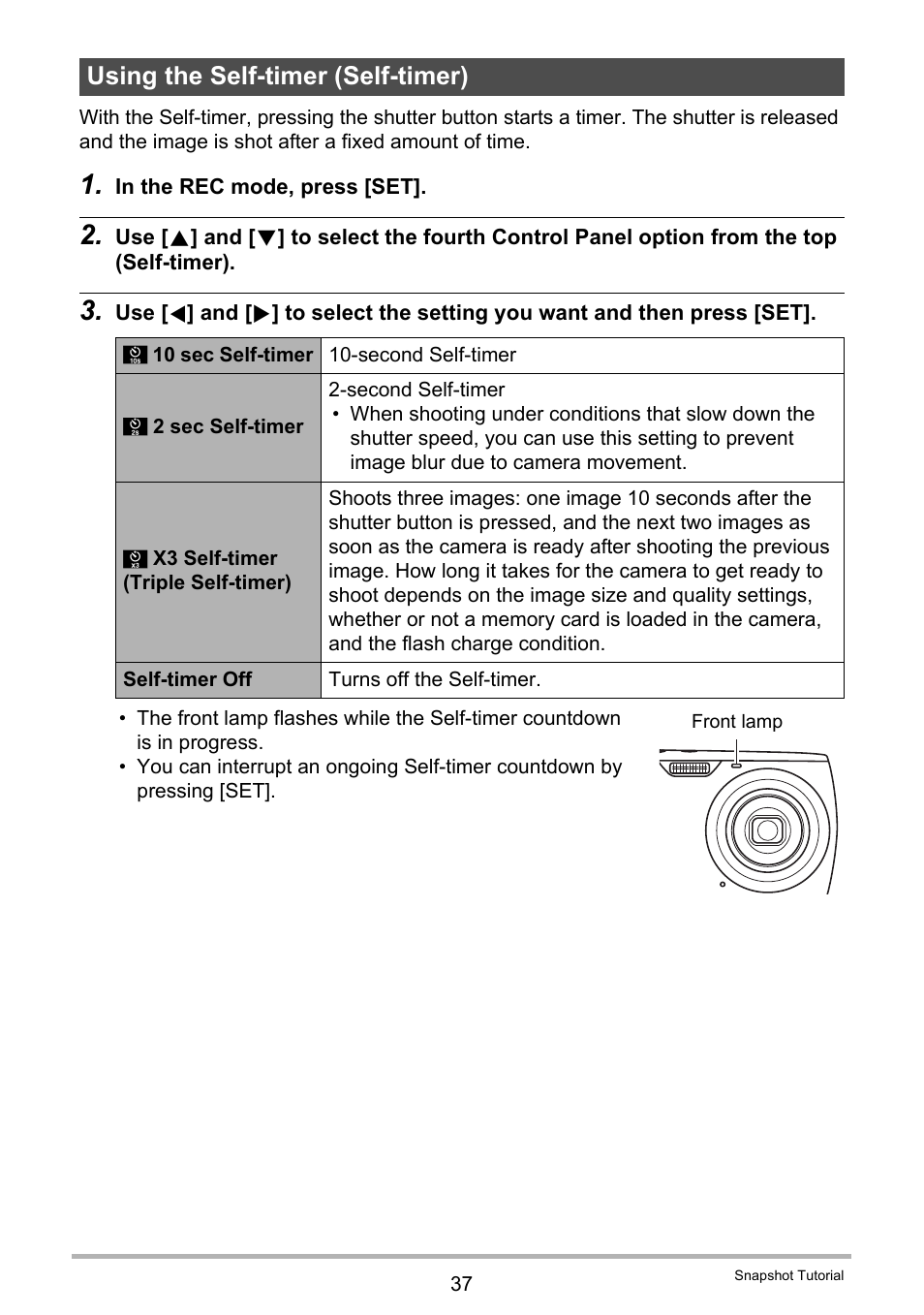 Using the self-timer (self-timer) | Casio EXILIM EX-Z370 User Manual | Page 37 / 145