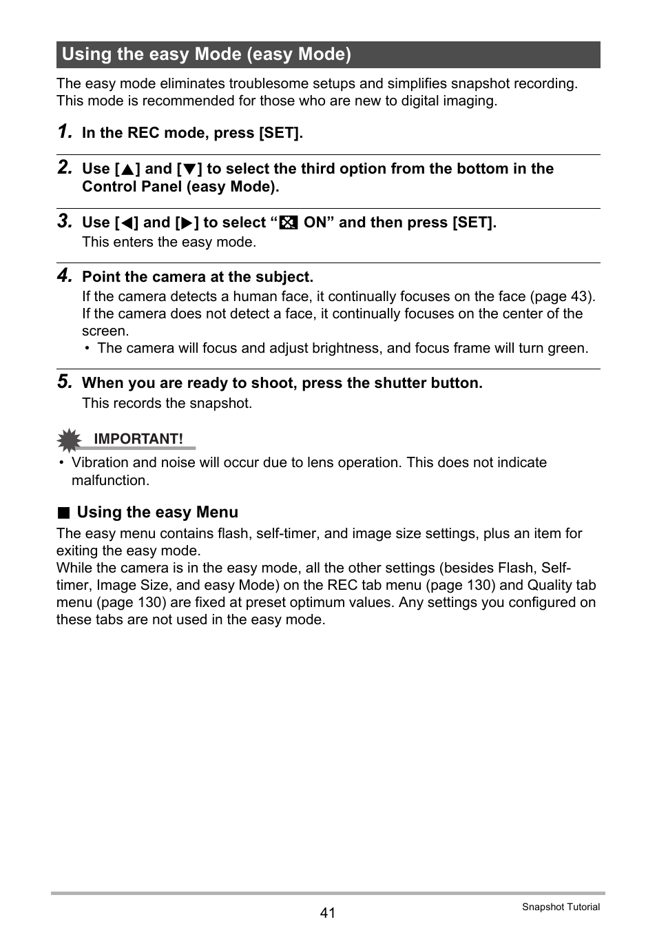 Using the easy mode (easy mode) | Casio EXILIM EX-Z370 User Manual | Page 41 / 145