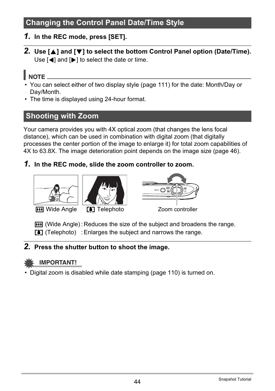 Changing the control panel date/time style, Shooting with zoom | Casio EXILIM EX-Z370 User Manual | Page 44 / 145