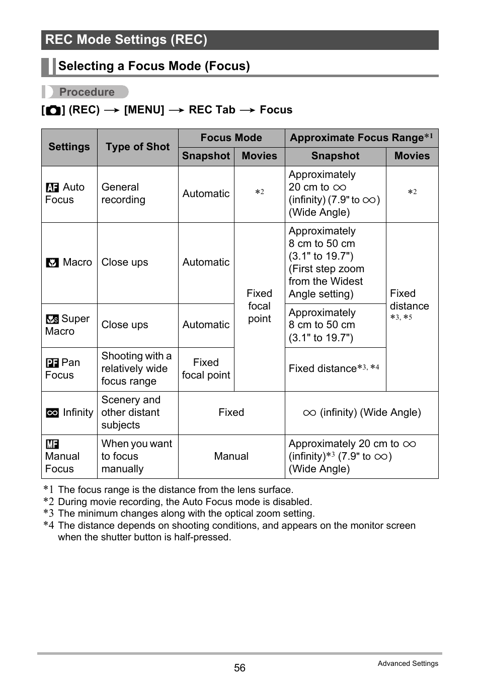 Rec mode settings (rec), Selecting a focus mode (focus) | Casio EXILIM EX-Z370 User Manual | Page 56 / 145