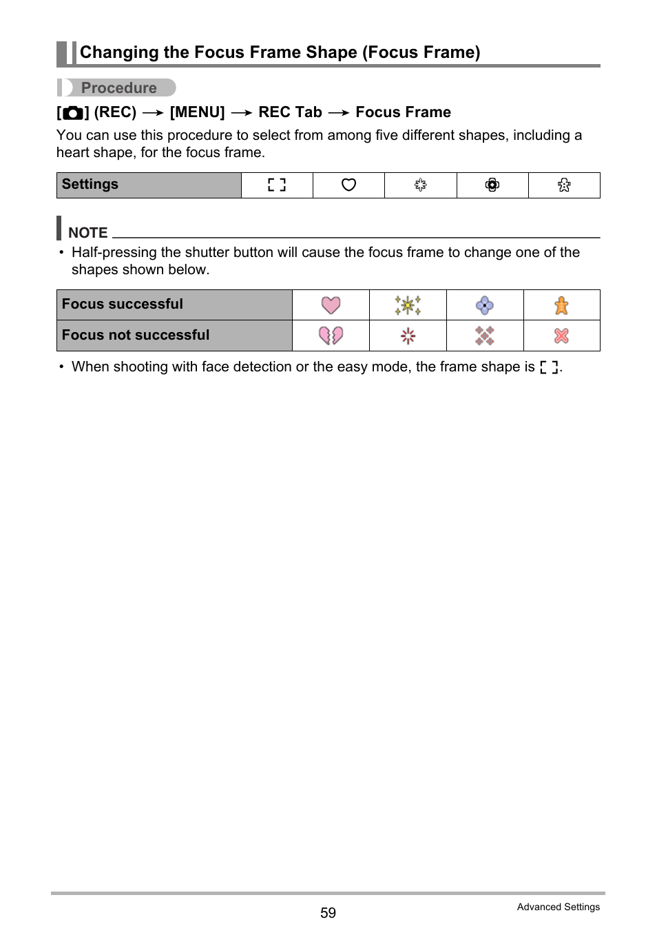 Changing the focus frame shape (focus frame) | Casio EXILIM EX-Z370 User Manual | Page 59 / 145