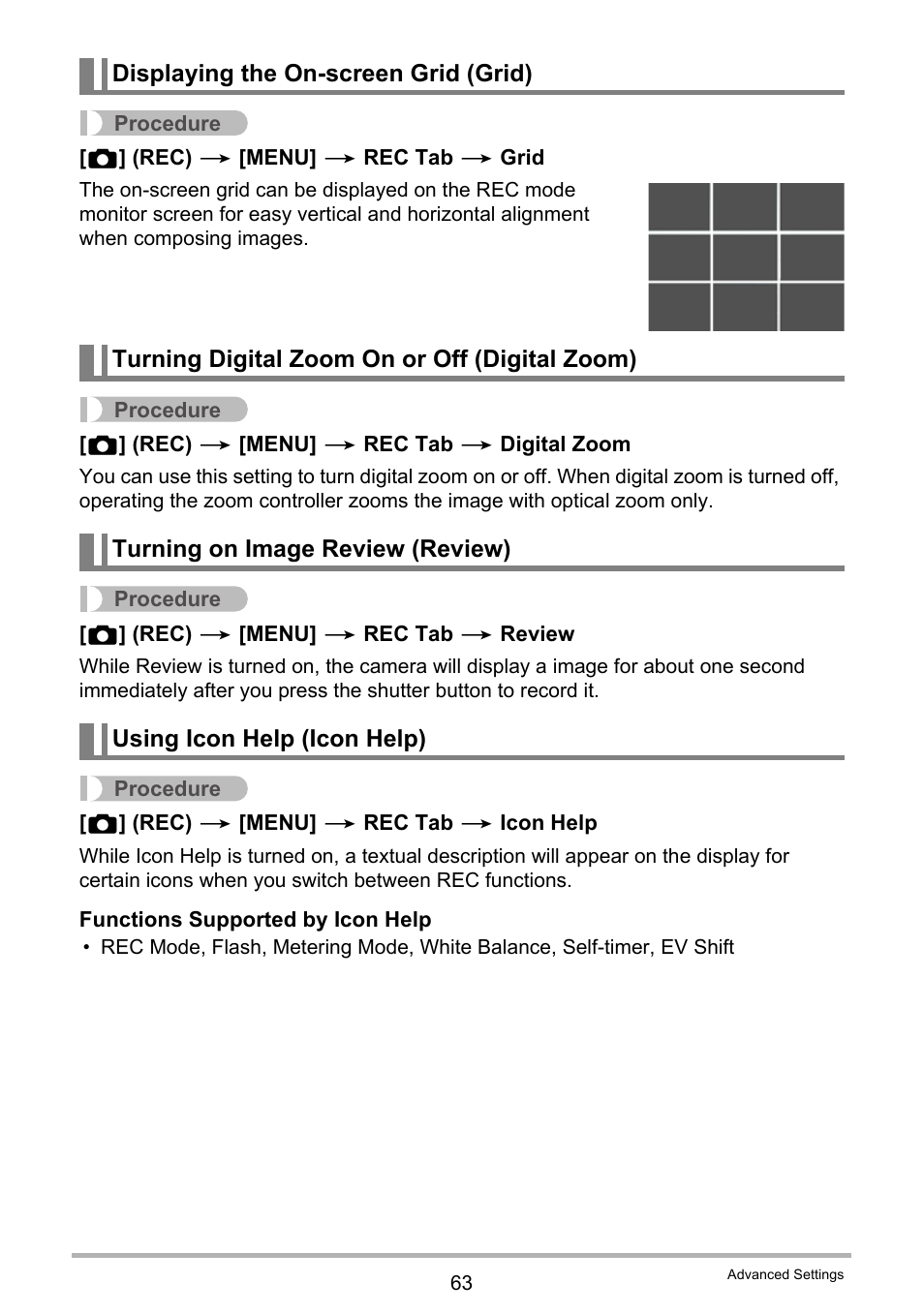 Displaying the on-screen grid (grid), Turning digital zoom on or off (digital zoom), Turning on image review (review) | Using icon help (icon help) | Casio EXILIM EX-Z370 User Manual | Page 63 / 145