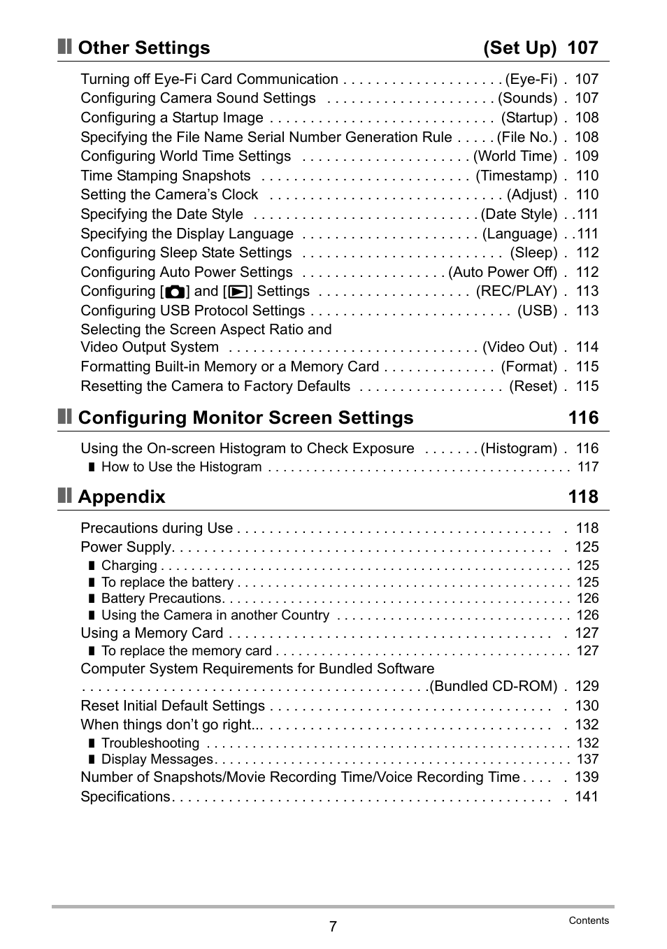 Other settings (set up) 107, Configuring monitor screen settings 116, Appendix 118 | Casio EXILIM EX-Z370 User Manual | Page 7 / 145