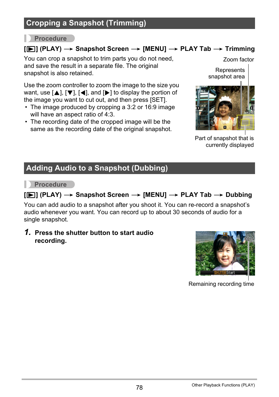 Cropping a snapshot (trimming), Adding audio to a snapshot (dubbing) | Casio EXILIM EX-Z370 User Manual | Page 78 / 145