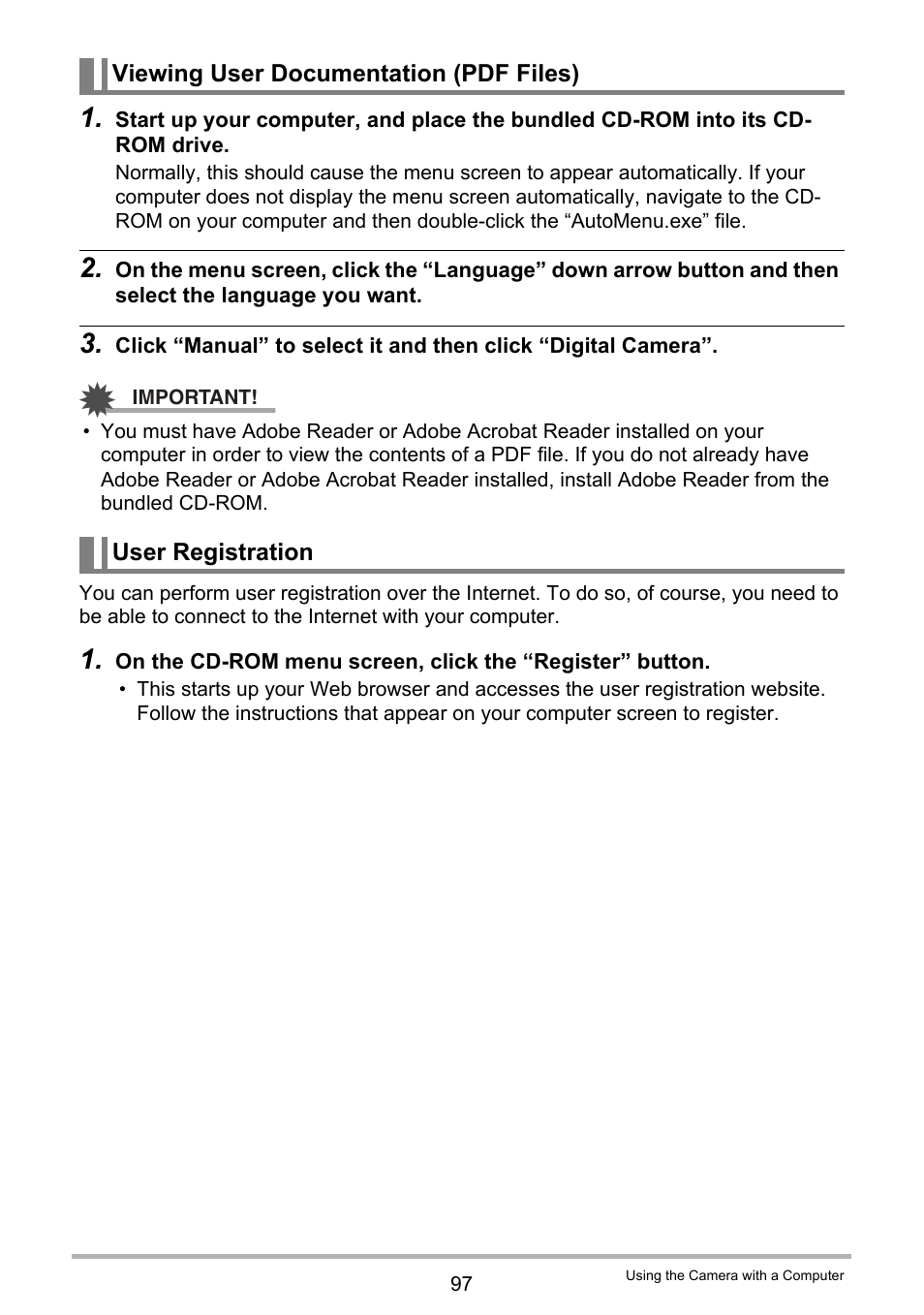 Viewing user documentation (pdf files), User registration | Casio EXILIM EX-Z370 User Manual | Page 97 / 145