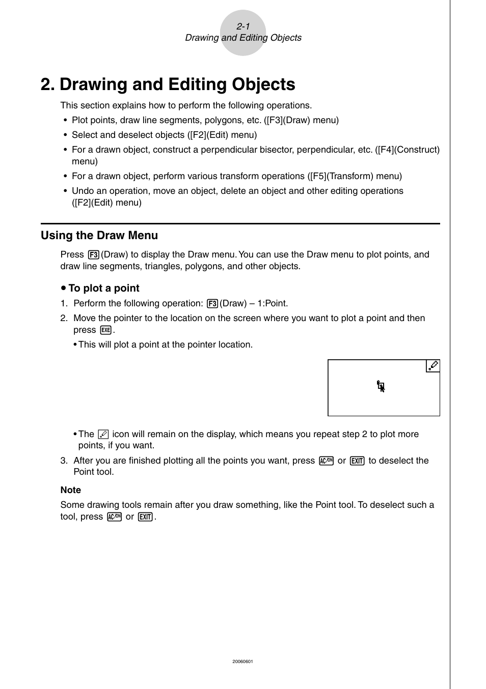 Drawing and editing objects, 2 drawing and editing objects, Using the draw menu | Casio Geometry User Manual | Page 11 / 70
