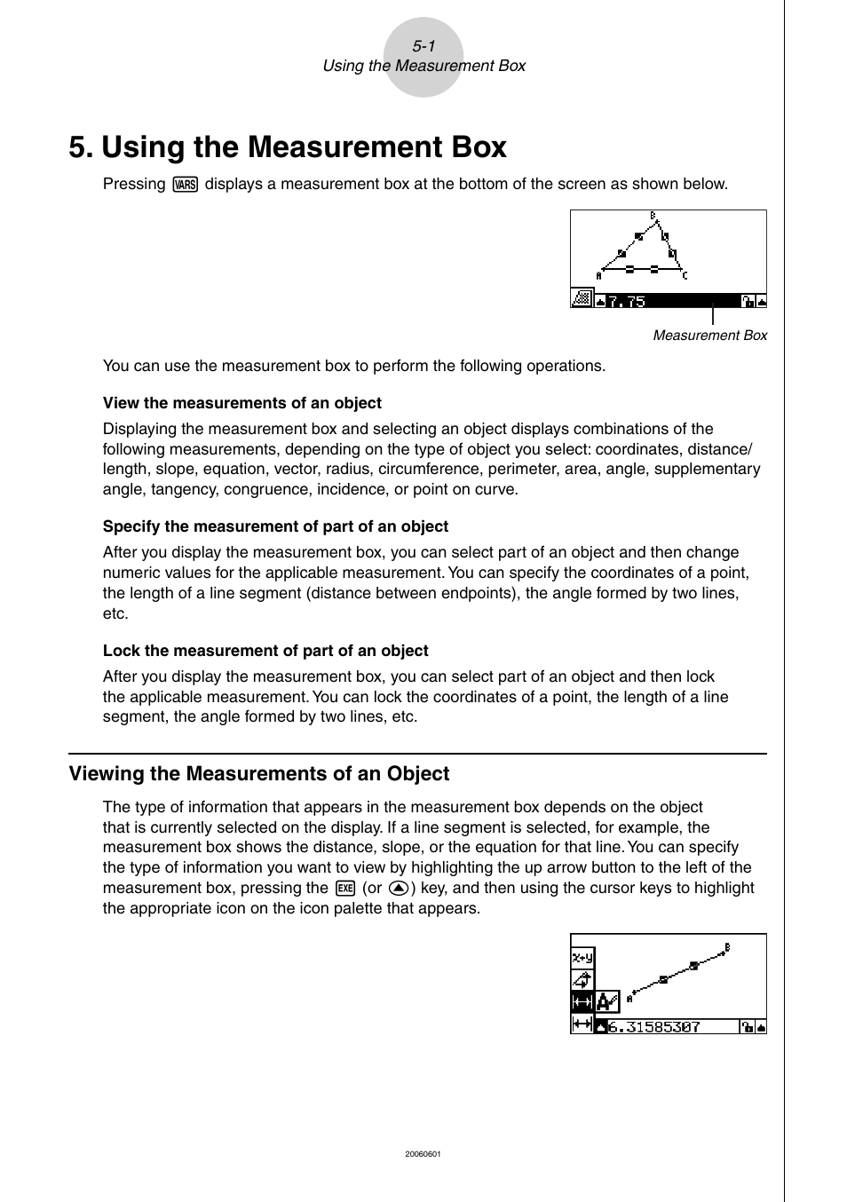 Using the measurement box, 5 using the measurement box, Viewing the measurements of an object | Casio Geometry User Manual | Page 42 / 70