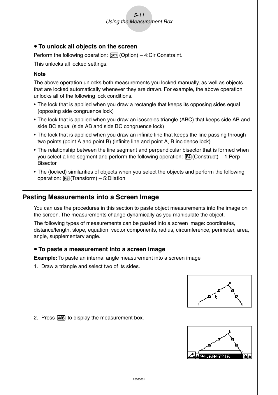Pasting measurements into a screen image | Casio Geometry User Manual | Page 52 / 70