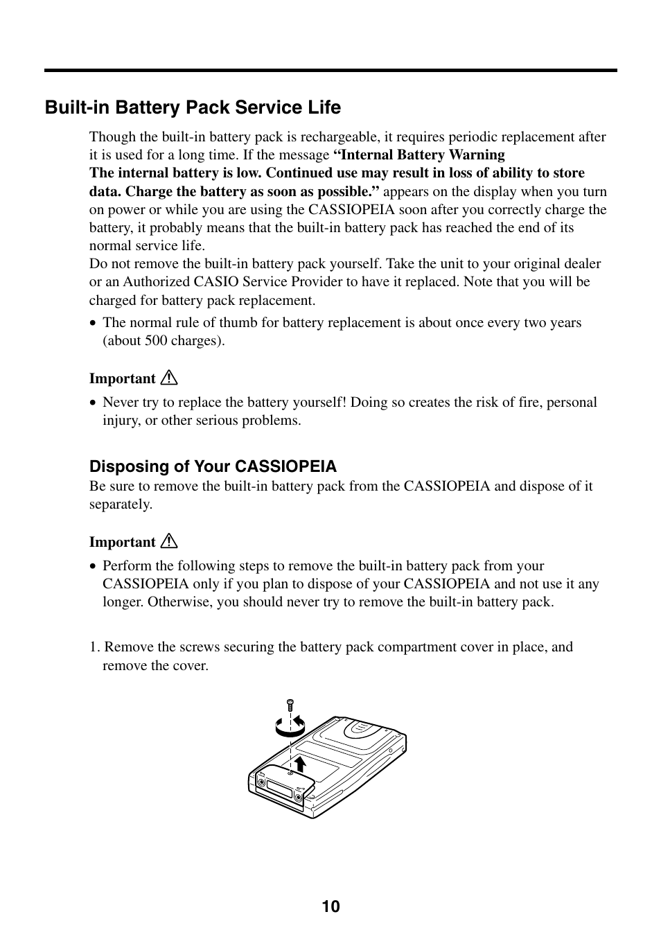 Built-in battery pack service life | Casio CASSIOPEIA User Manual | Page 10 / 47