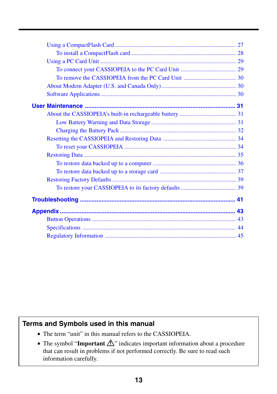 Terms and symbols used in this manual | Casio CASSIOPEIA User Manual | Page 13 / 47
