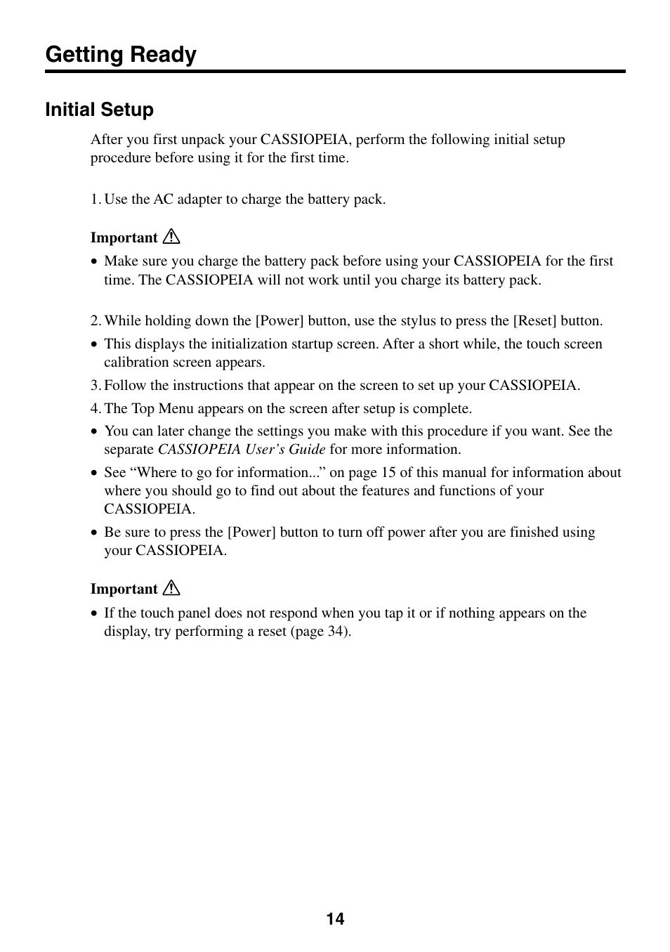 Getting ready, Initial setup | Casio CASSIOPEIA User Manual | Page 14 / 47