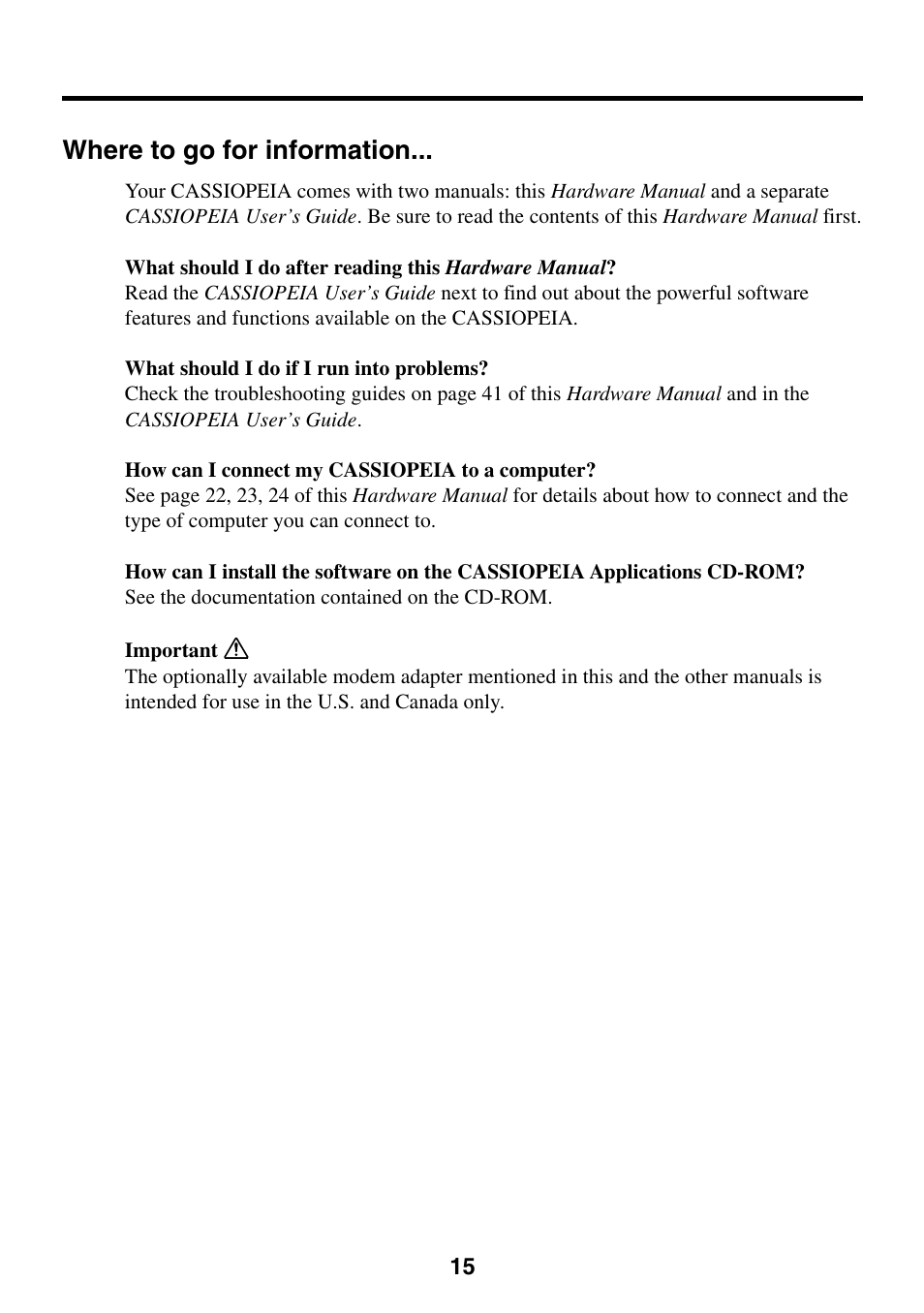 Where to go for information | Casio CASSIOPEIA User Manual | Page 15 / 47