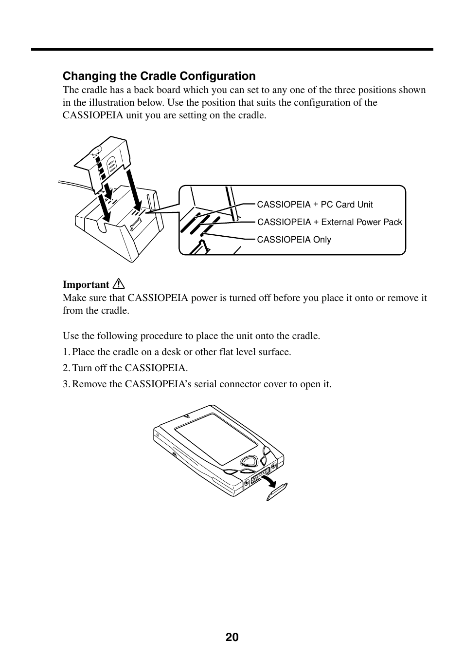 Changing the cradle configuration | Casio CASSIOPEIA User Manual | Page 20 / 47
