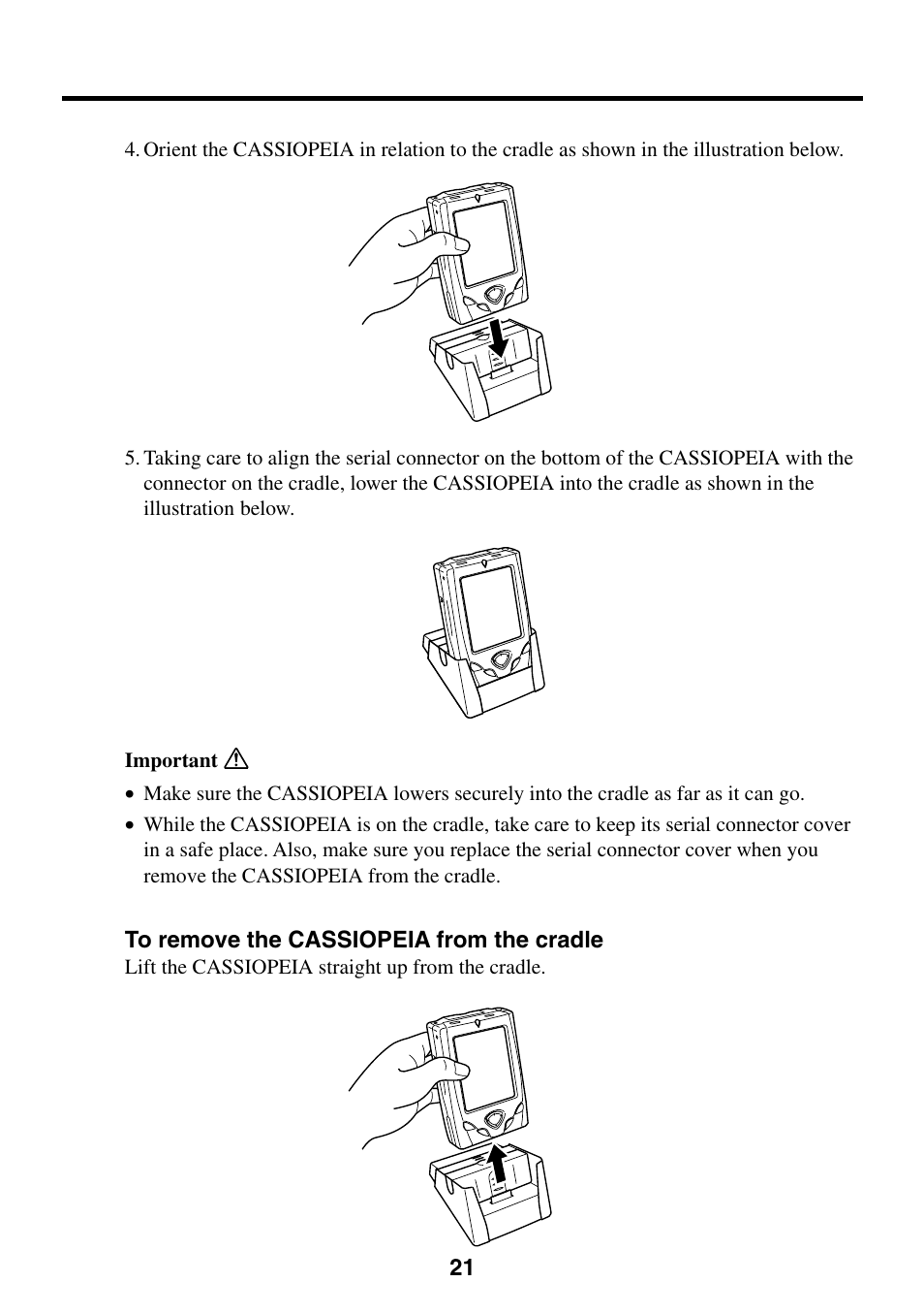 To remove the cassiopeia from the cradle | Casio CASSIOPEIA User Manual | Page 21 / 47