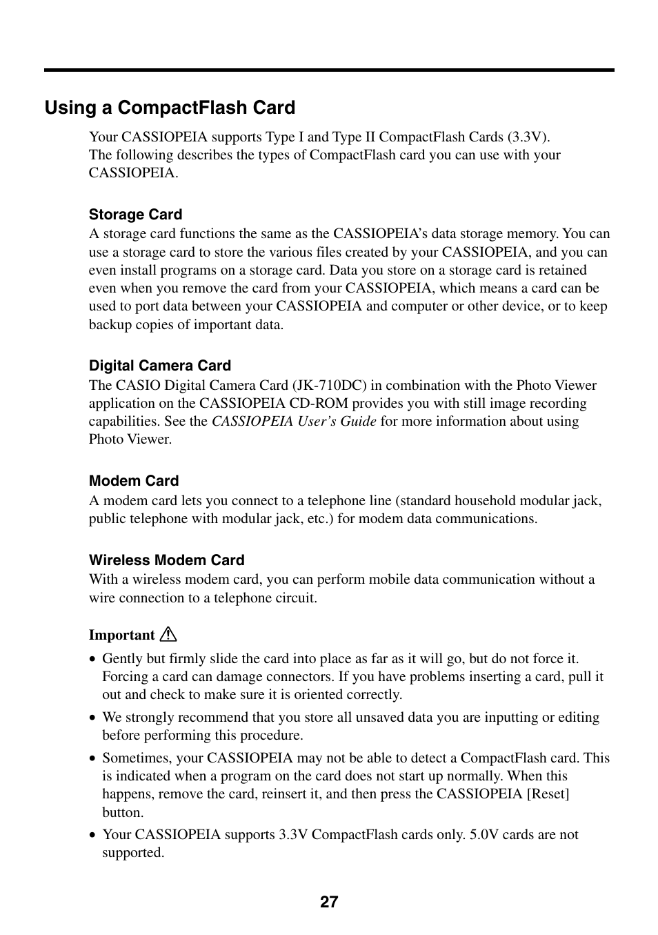Using a compactflash card | Casio CASSIOPEIA User Manual | Page 27 / 47