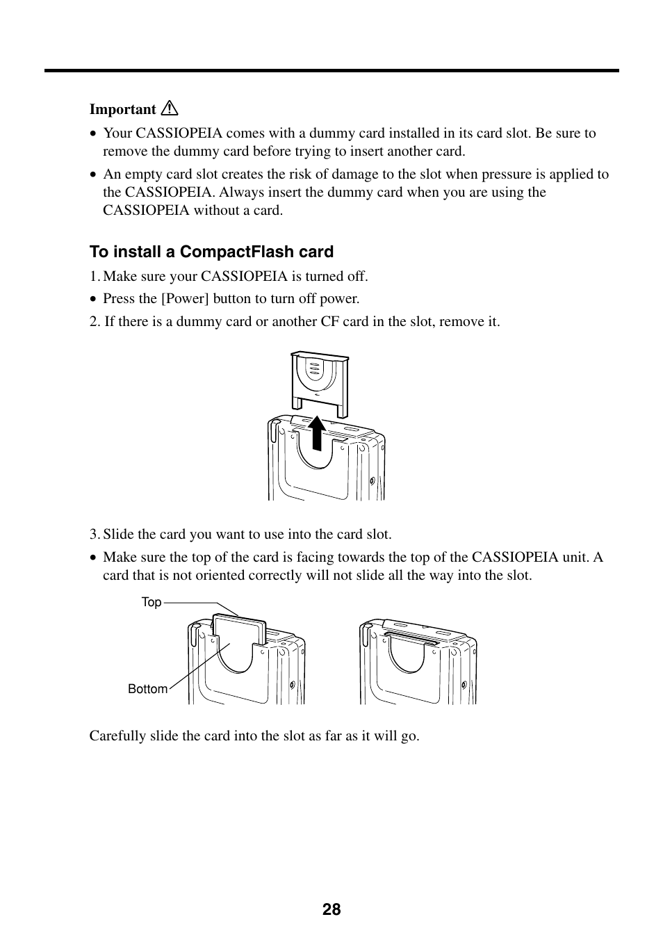 To install a compactflash card | Casio CASSIOPEIA User Manual | Page 28 / 47
