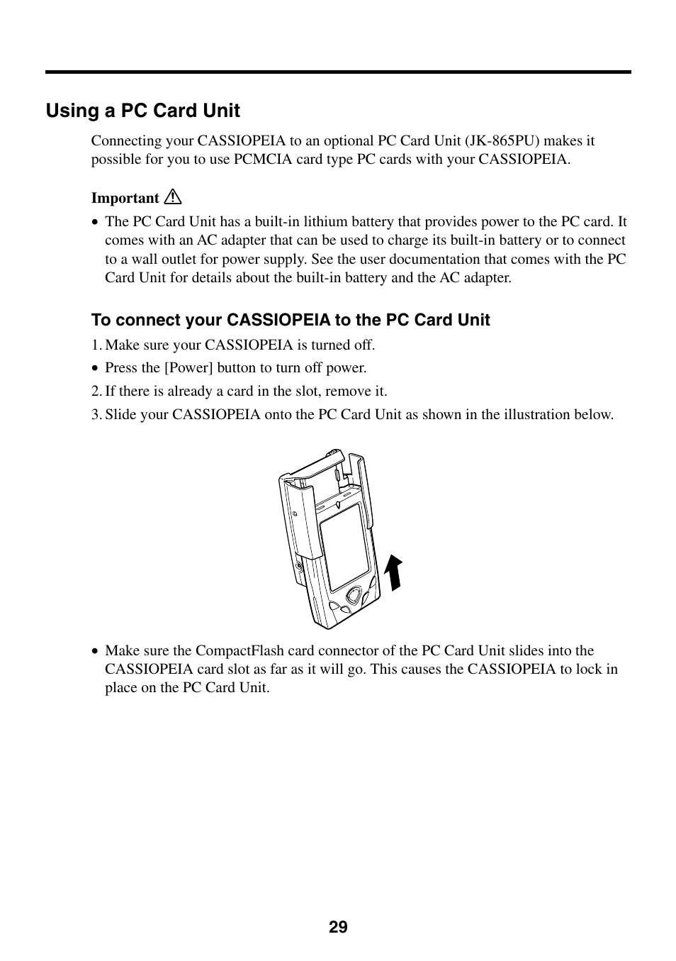 Using a pc card unit, To connect your cassiopeia to the pc card unit | Casio CASSIOPEIA User Manual | Page 29 / 47