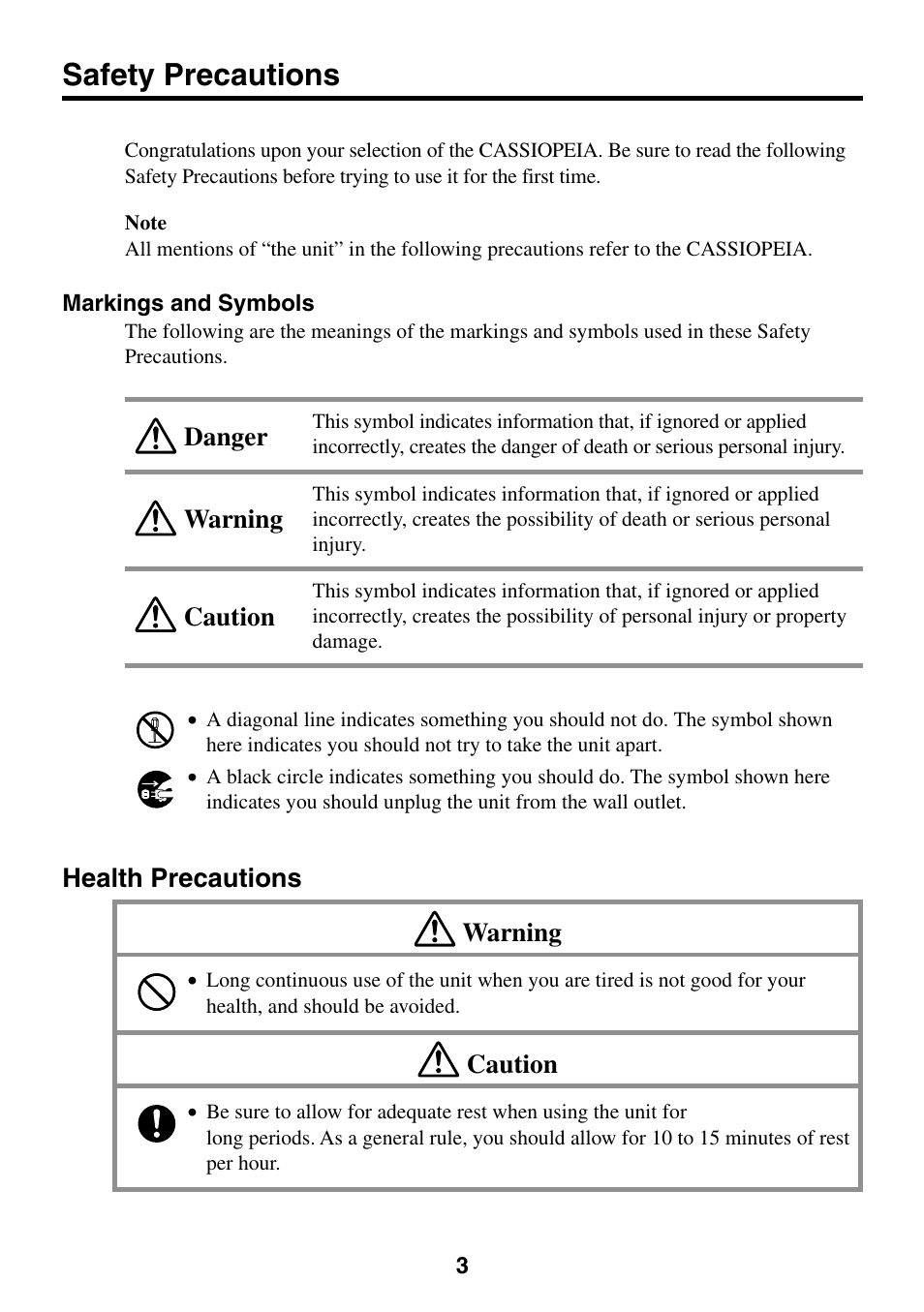Safety precautions, Health precautions, Health precautions warning | Caution, Warning caution danger | Casio CASSIOPEIA User Manual | Page 3 / 47