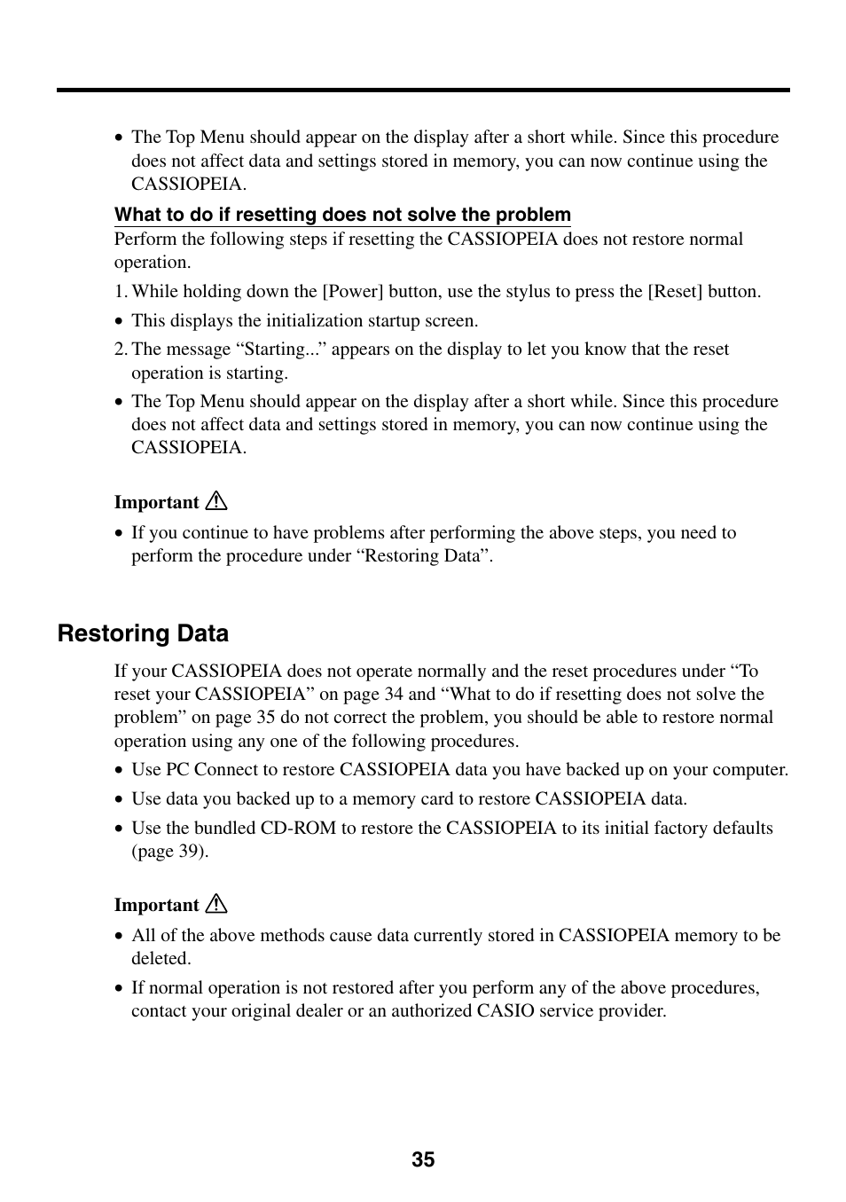 Restoring data | Casio CASSIOPEIA User Manual | Page 35 / 47