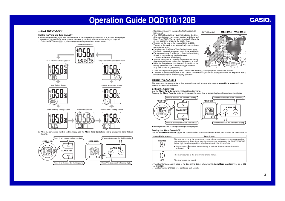 Using the clock 2, Using the alarm 1, Max/min alarm set max/min | Casio DQD110 User Manual | Page 3 / 4