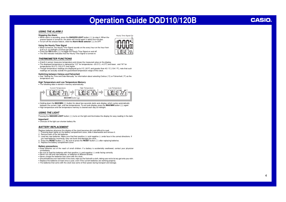 Using the alarm 2, Thermometer functions, Using the light | Battery replacement | Casio DQD110 User Manual | Page 4 / 4