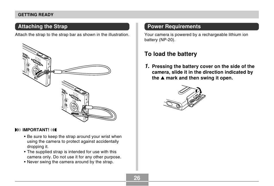 Attaching the strap, Power requirements | Casio EX-S20U/EX-M20U User Manual | Page 26 / 54