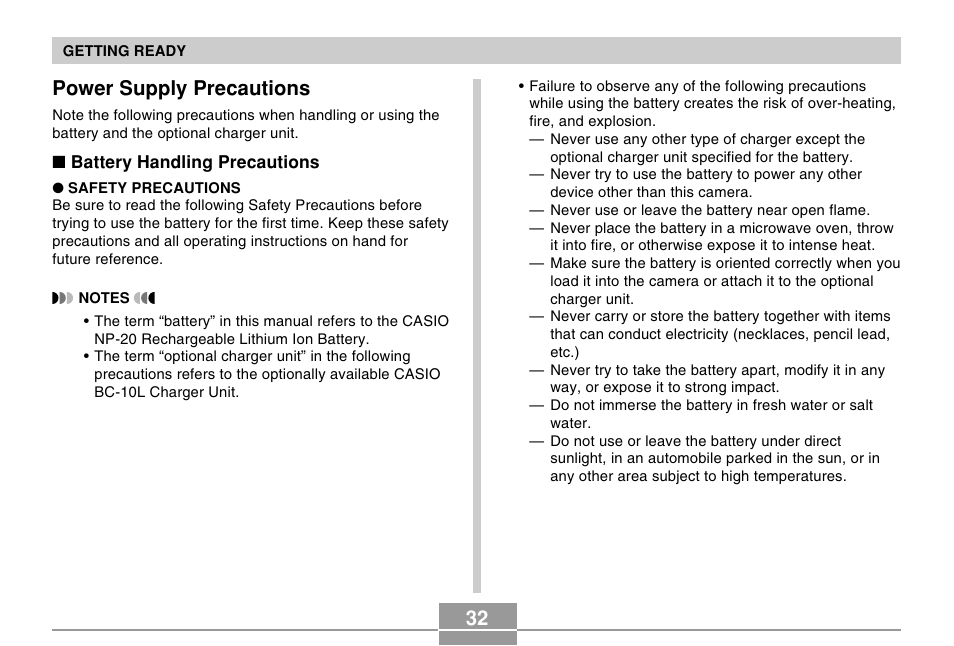 Power supply precautions | Casio EX-S20U/EX-M20U User Manual | Page 32 / 54