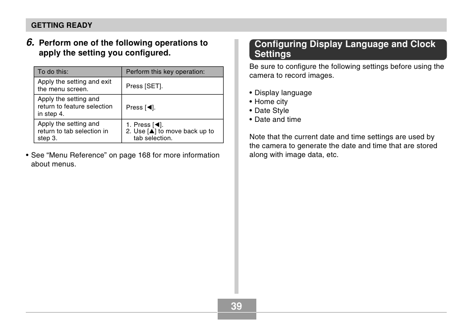 Configuring display language and clock settings | Casio EX-S20U/EX-M20U User Manual | Page 39 / 54