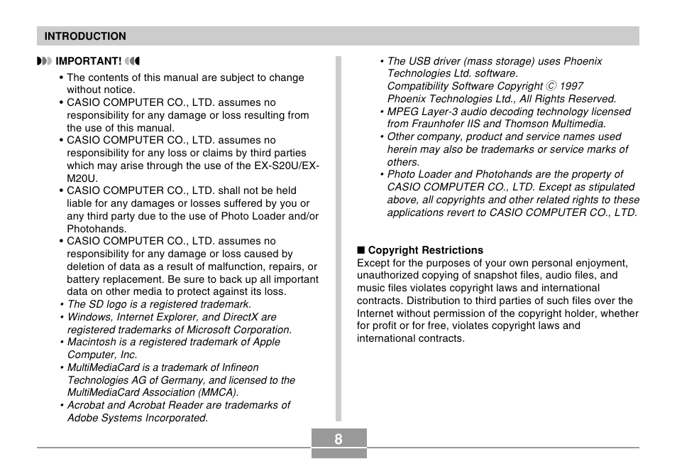 Casio EX-S20U/EX-M20U User Manual | Page 8 / 54