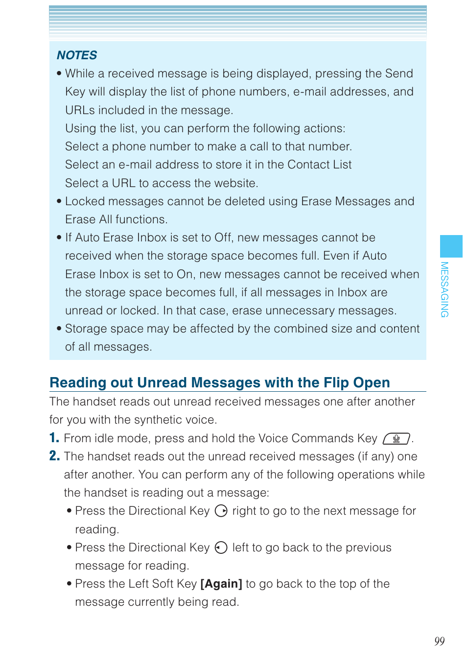 Reading out unread messages with the flip open | Casio G'zOne Ravine User Manual | Page 100 / 212
