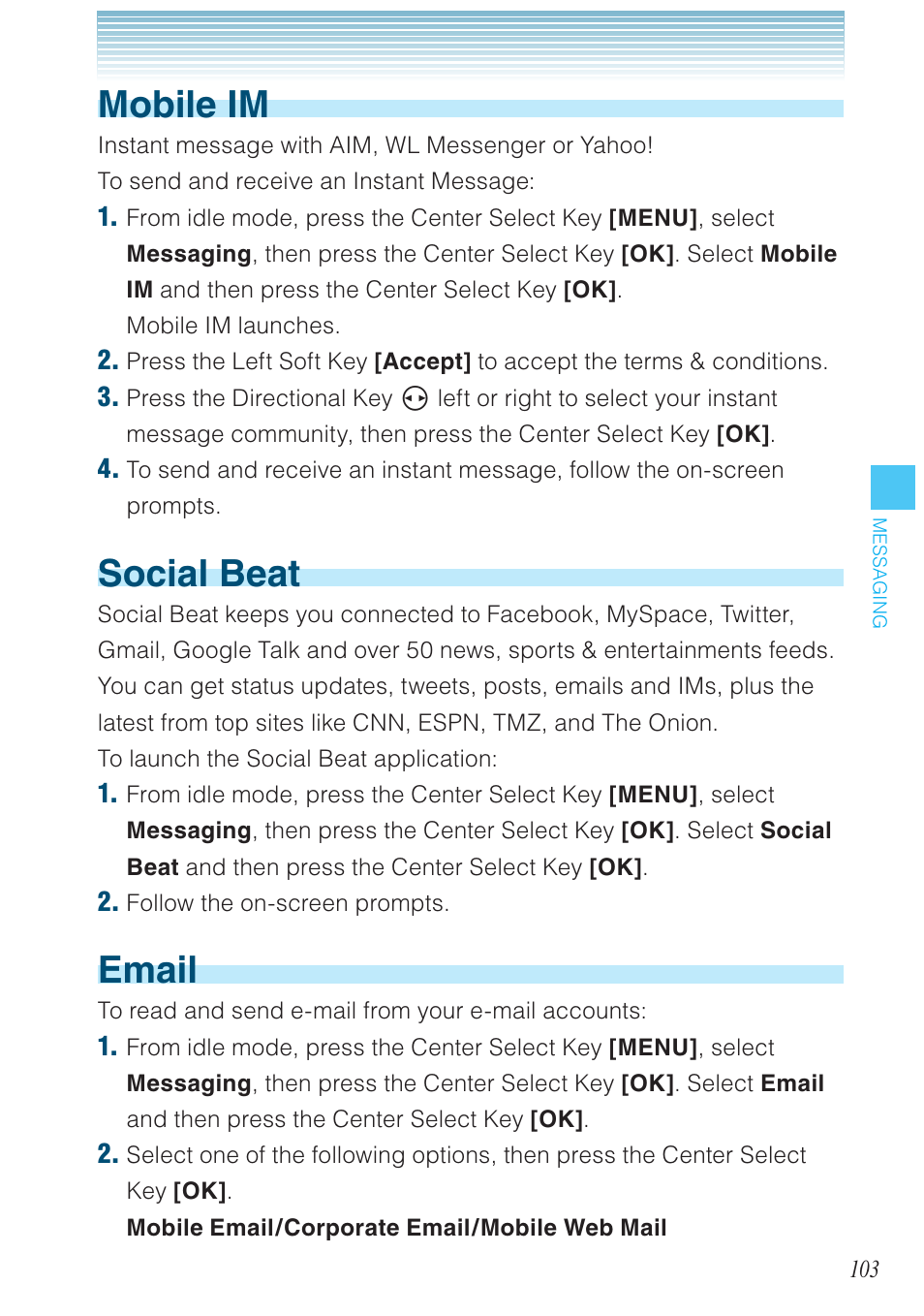 Mobile im, Social beat, Email | Casio G'zOne Ravine User Manual | Page 104 / 212