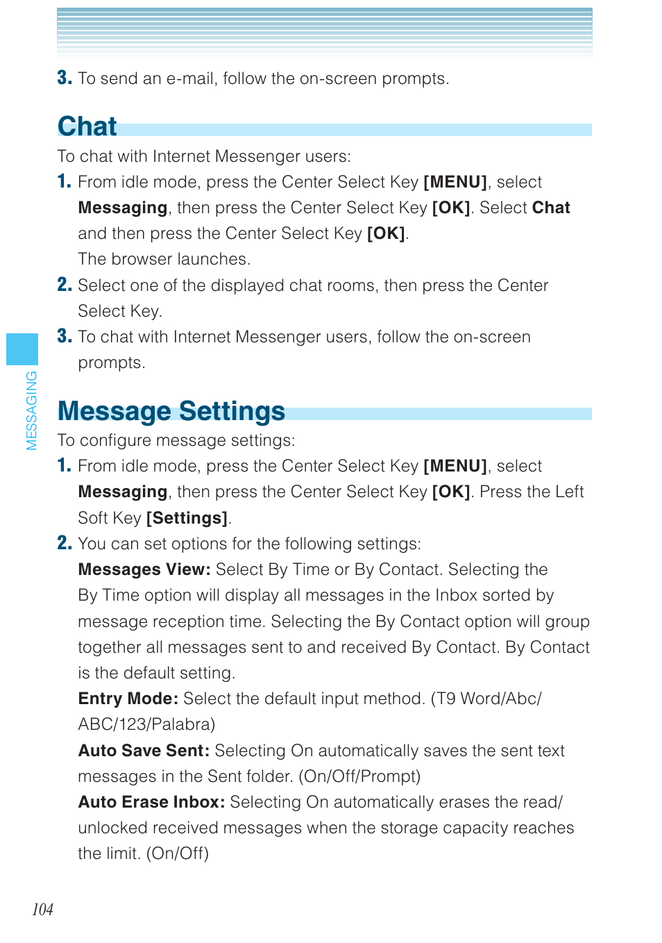 Chat, Message settings | Casio G'zOne Ravine User Manual | Page 105 / 212